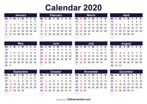 calendar 2020 with week numbers and dates